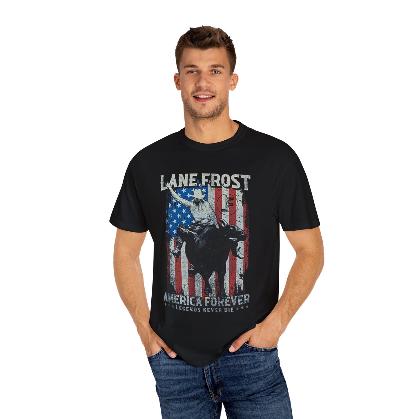 Bull Riding Tee, Lane Frost American Flag Patriotic Unisex Tee, Rodeo, Champion